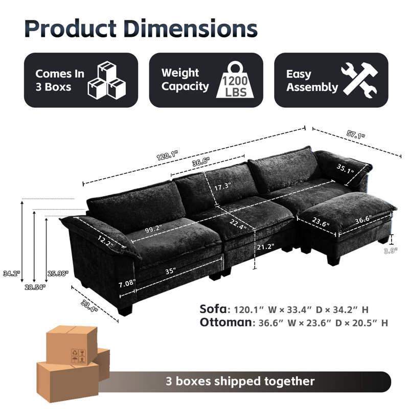 120" Wide Upholstered L-Shaped Sectional Sofa Couch For Cozy Living Spaces, Black Chenille
