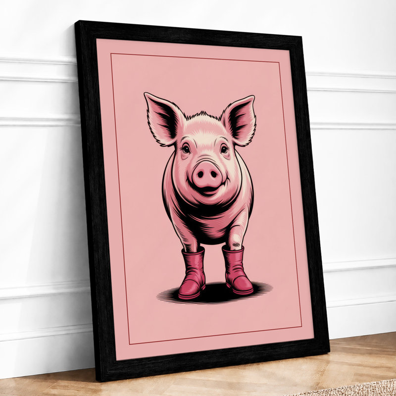 Happy Pig Cartoon - Framed Print, A1 - 84.1 x 59.4 cm, Black