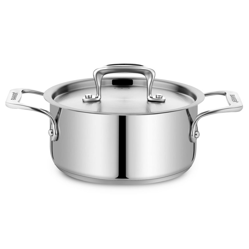 Stainless Steel Stockpot with Lid, 2 Quart, 18/8 Durable Steel, Even Heating Base, Riveted Handles, Oven & Stove Safe