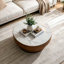 Table basse ronde de 31,5 po avec plateau en pierre frittée - panneau de fibres à densité moyenne avec base à niveaux en placage de bois, table basse moderne à profil bas pour le salon, blanc