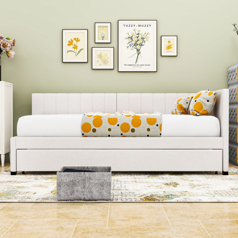 Linen Upholstered Daybed with Trundle, Twin, Beige