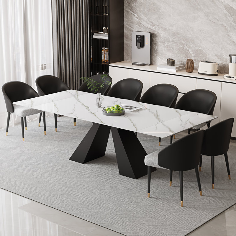 94.5”  Extendable Dining Table Set With Rectangular Sintered Stone Top And 8 Faux Leather Chairs, Black/Gray