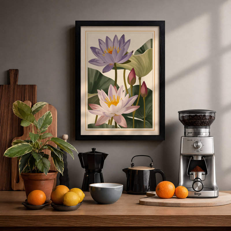 Water Lilies Study Botanical - Framed Print, A2 - 59.4 x 42.0 cm, Black
