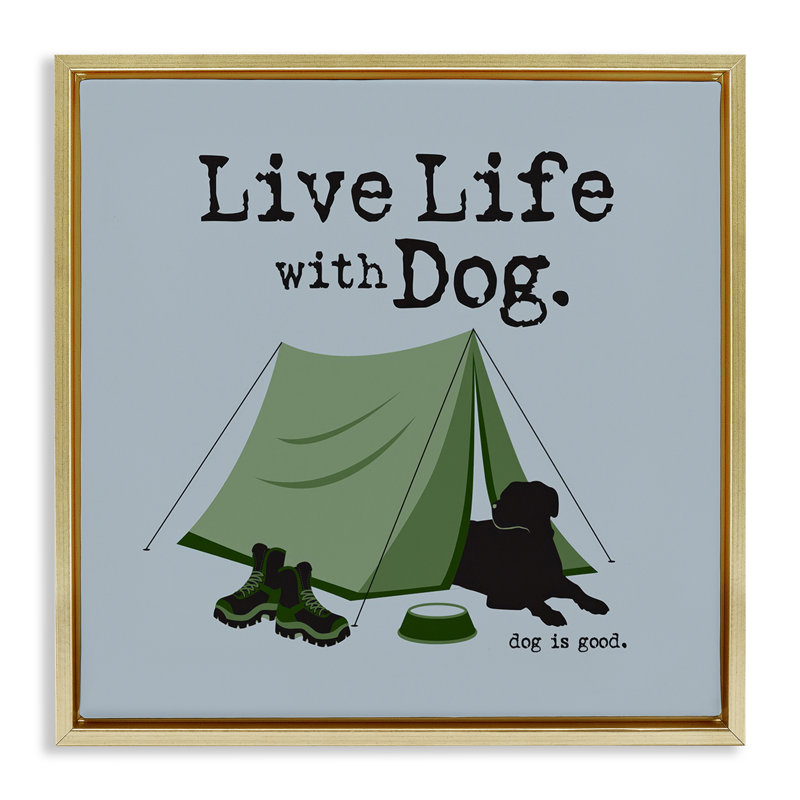 «Camping with Dog Floater», art mural sur toile par Dog Is Good, Cadre flottant métallique doré, H 25 po x l 25 po