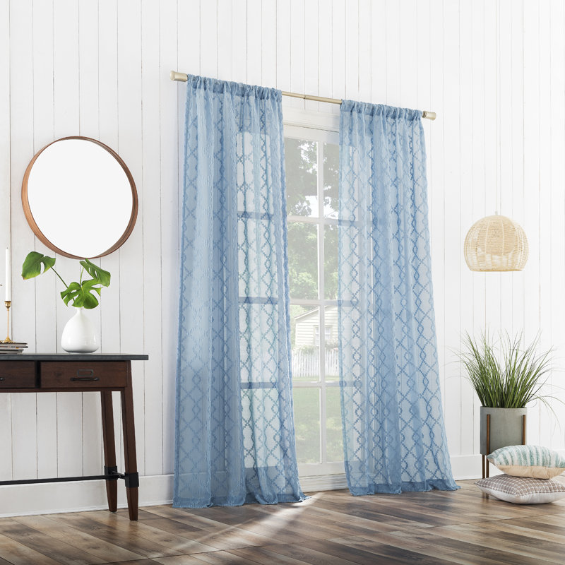 Geometric Clipped Semi-Sheer Rod Pocket Curtain Panel, Tranquil Blue, 50" W x 84" L