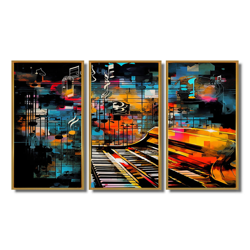 Colourful Piano Retro Collages 90S I - Ensemble de décorations murales piano, Cadre flottant doré, H 32 po x l 48 po x P 1 po