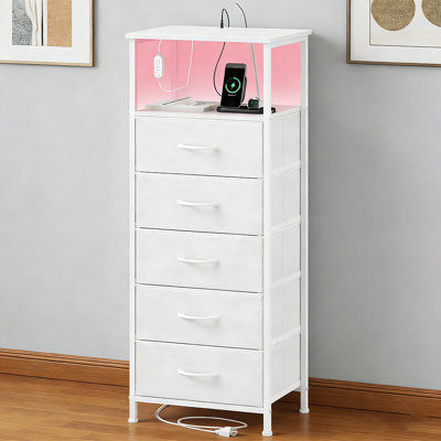Table de chevet avec station de charge et lumière DEL pour la chambre à coucher, petite commode avec 5 tiroirs en tissu