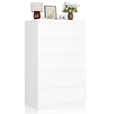 White Wood Dresser for Bedroom, 5 Drawer for Clothes Storage, Modern Dresser with Wide Drawers, Wide Wooden Chest Drawers for Living Room, Entryway, T by Ebern Designs