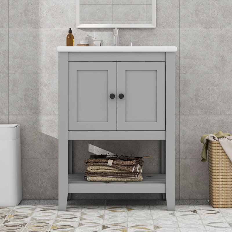 Lavabo de salle de bain moderne élégant en céramique 24 po avec tablette ouverte, Gris