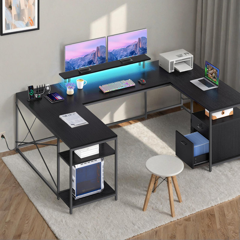 Bureau d'ordinateur en U avec huche L 78,7 po Lannes, Noir / Noir