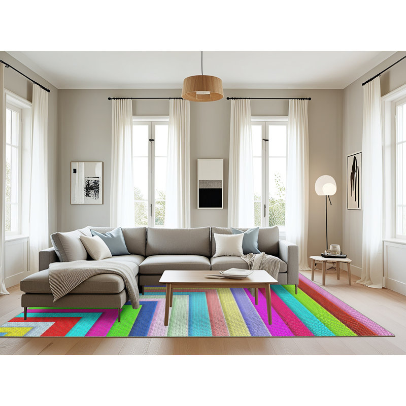 Tapis rayé en laine / polyester tissé à la machine rose / rouge / vert, Rectangle 8 pi x 12 pi