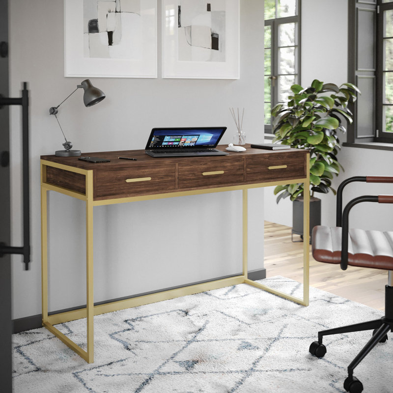 Huddleston Martha Stewart 3 Drawer Home Office Desk with Metal Frame and Hardware, Walnut/Polished Brass
