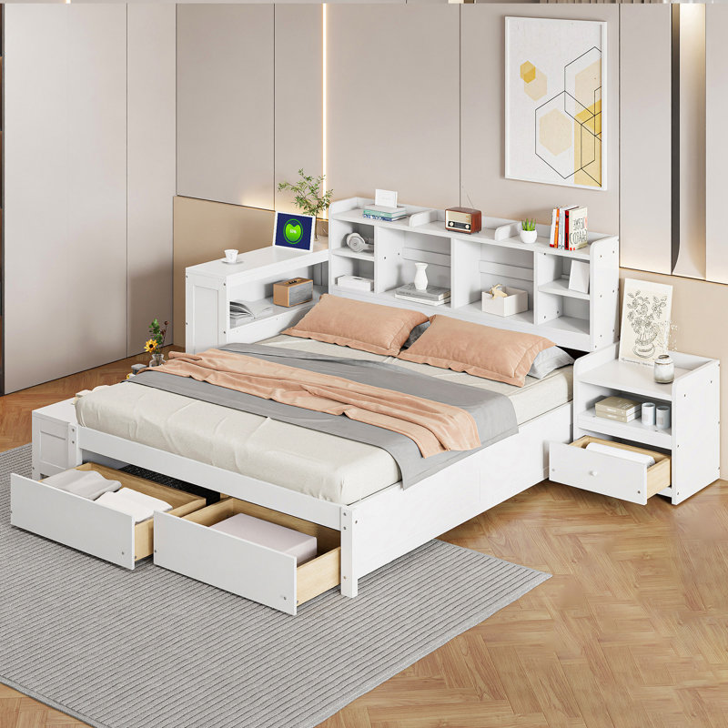 Lit plateforme 3 tiroirs avec table de chevet, bibliothèque et armoire, Blanc