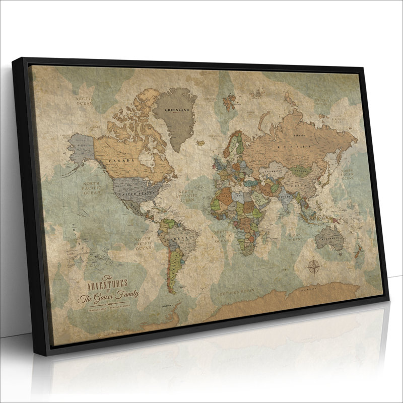 Carte du monde personnalisée sur toile à punaises personnalisable, Cadre flottant noir, H 40 po x l 60 po, Oui