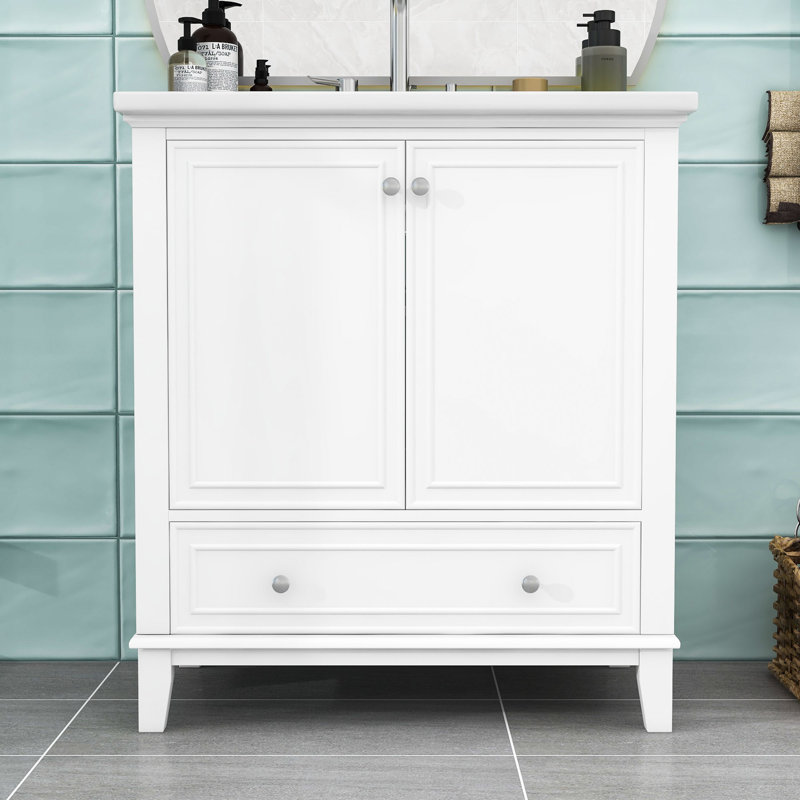 Ensemble de meuble-lavabo simple autoportant avec lavabo en céramique Kidd Modern, Blanc