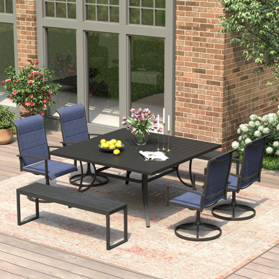 59" Patio Dining Table Set with 4 Padded Swivel PVC-Coated Polyester Chairs & 2 Benches