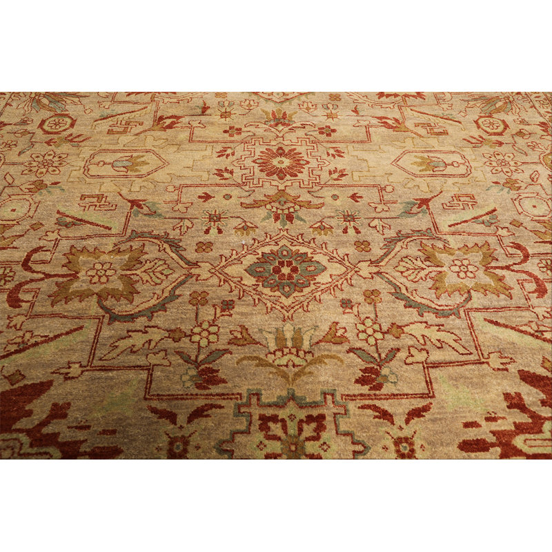 Tapis traditionnel Oushak en laine, noué à la main, couleur beige céladon, 2,39 m x 2,97 m
