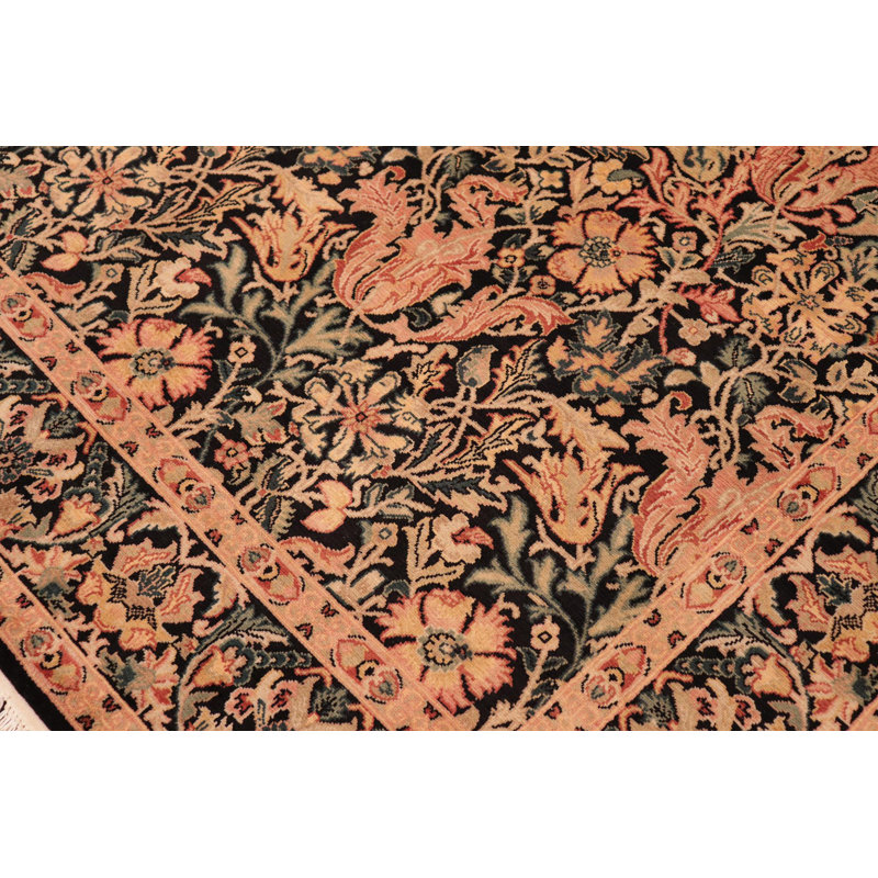 Tapis noir / beige en laine noué à la main à motif floral 8 pi 1 po x 9 pi 6 po William Morris