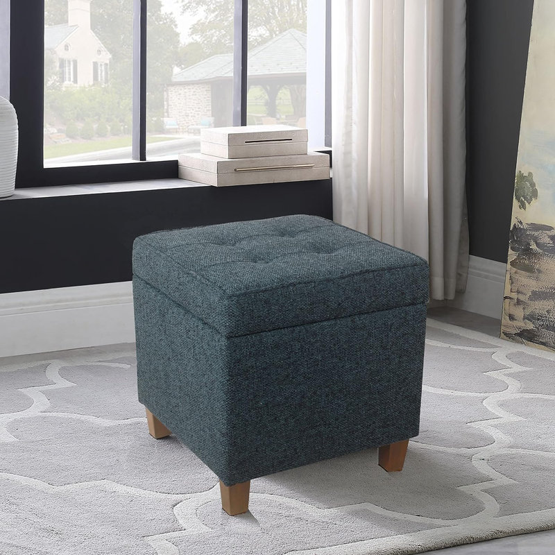 Square Tufted Storage Ottoman - Textured Navy, Navy Textured Woven