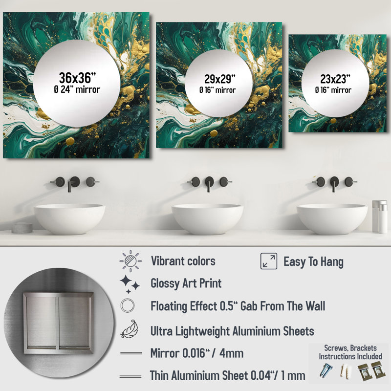 Art mural en miroir Benvinda - Cascade I vert et or, 23 po x 23 po