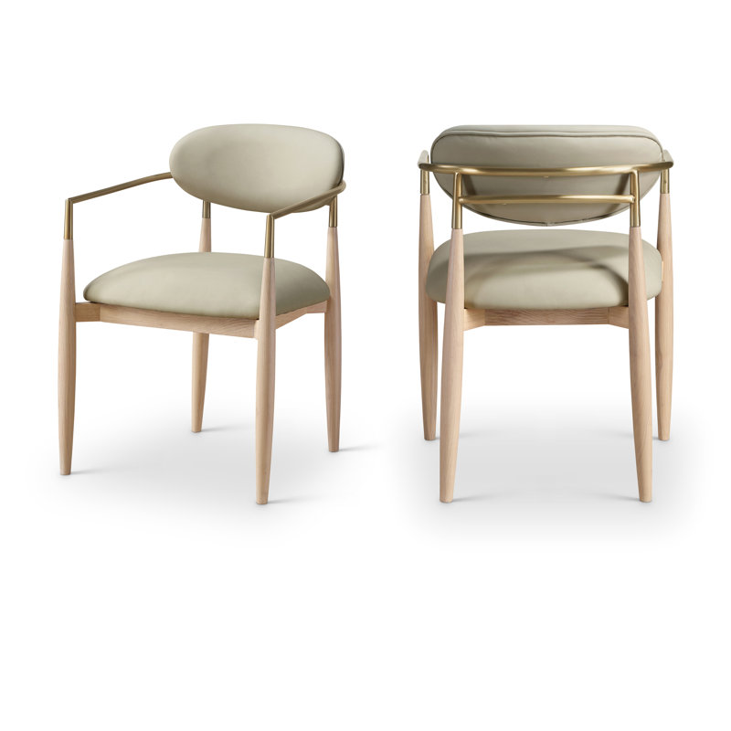 Eligah Vegan Leather Upholstered Dining Arm Chair, Taupe Vegan Leather, Stained Natural / Brushed Brass