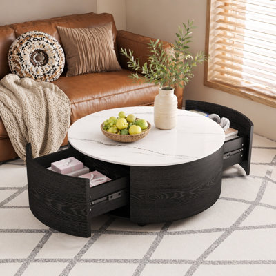 Table basse ronde moderne et fonctionnelle avec mobilité, tiroirs de rangement et plateau en pierre frittée durable pour des espaces de vie polyvalents
