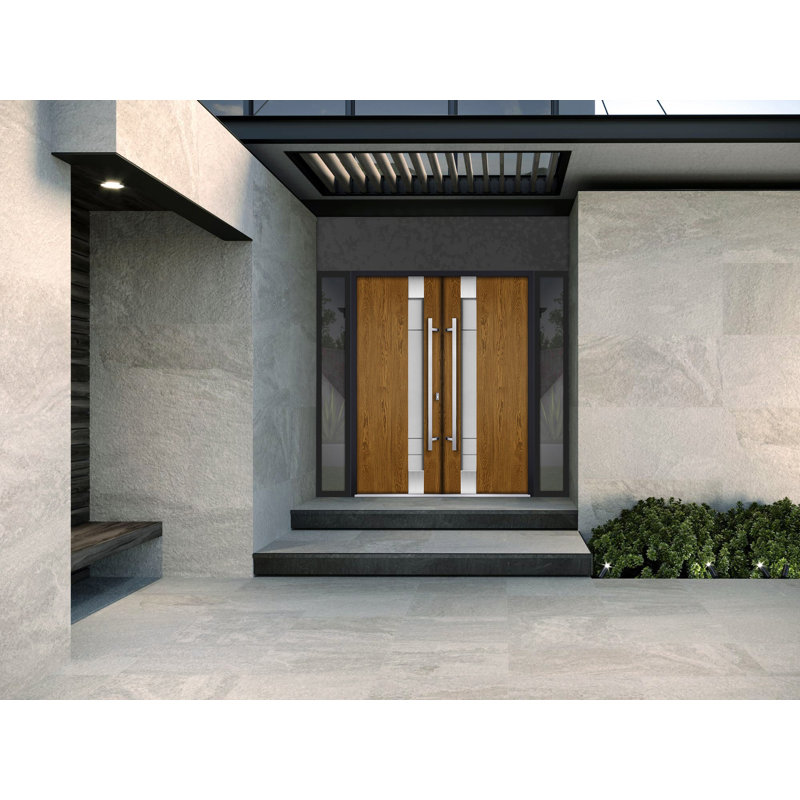 Porte d'entrée extérieure prémontée en métal, porte double 1713, chêne naturel, verre dépoli, 2 impostes latérales, fenêtres extérieures noires, porte d'entrée moderne peinte, ouverture vers l'intérieur à droite, 96 x 80