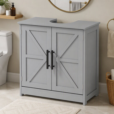 Armoire de rangement à piédestal, lavabo de salle de bain avec 2 portes de grange et tablette réglable, gris foncé (sans lavabo)