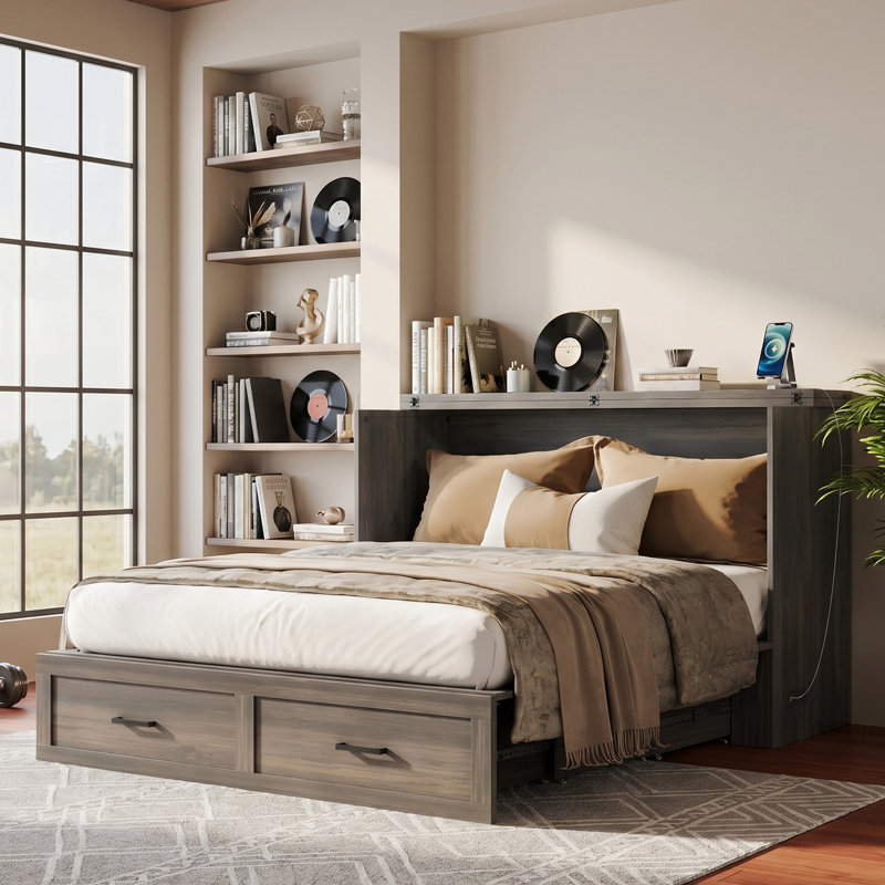 Grand lit escamotable avec rangement et station de charge Armoire murale de style ferme avec panneau pliable pour chambre d'amis, salon, bureau, blanc