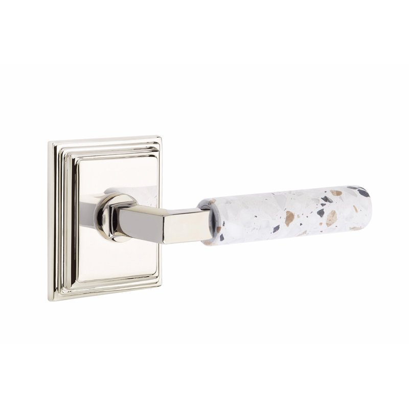Ensemble de leviers d'intimité Emtek Select, rosette Wilshire, tige carrée en L, poignée en marbre blanc, CF, Gauche