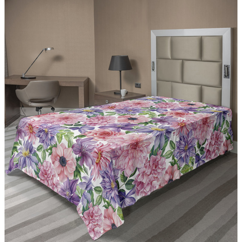 Ambesonne Flowers Flat Sheet Nostalgia Farmhouse, Blush Blue Violet Green