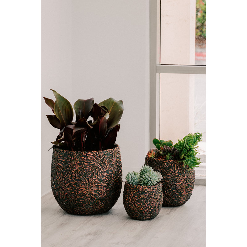 Lona 3 Piece 17.7", 12.6" and 9"W Round Fiberstone/Cement Indoor Outdoor Planters Set, Brown/Bronze