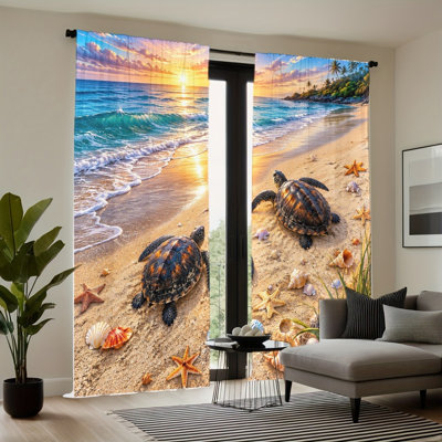 2PCS Tropical Beach Turtle Sunset Scene Thin Light Filtering Curtain with Ocean Waves Starfish Shells Pattern, Coastal Vibe Decor, Rod Pocket Design, All-Season Curtains for Home Living Room Bedroom Study Decoration