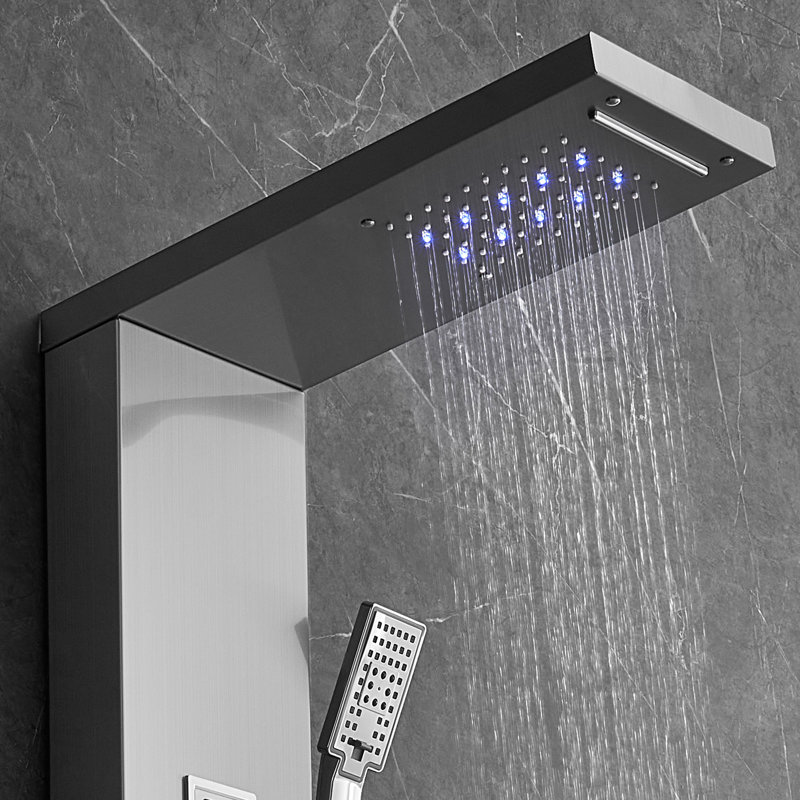 Système de panneaux à 6 modes de douche à DEL, pluie, chute d'eau, 4 jets de massage corporel, bec de baignoire, tuyau à main de 59 po, buses de colmatage, acier inoxydable 304, argent, 52,28 po de profondeur, 10,67 po de largeur, 9,36 po de hauteur,