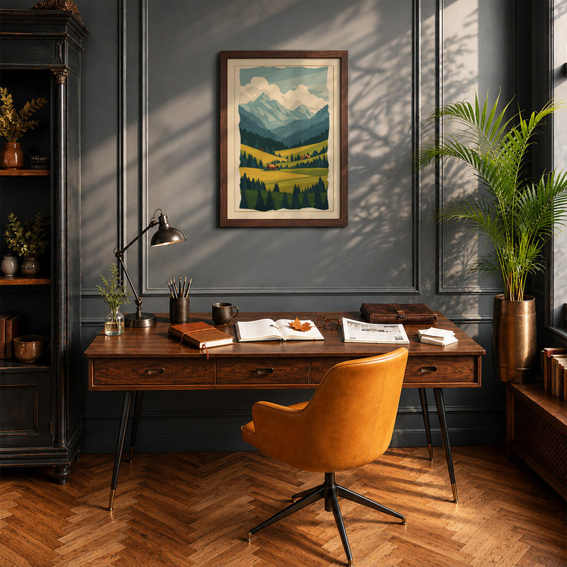 Mountains At Sunrise Scandinavian - Print, Walnut, A3 - 42.0 x 29.7 cm