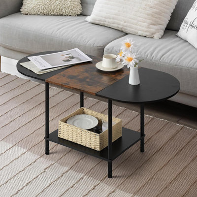 Tables basses pour le salon, petite table basse ovale à 2 niveaux de style industriel moderne avec tablette de rangement et plateau en bois pour petits espaces, bureau personnel, brun et noir