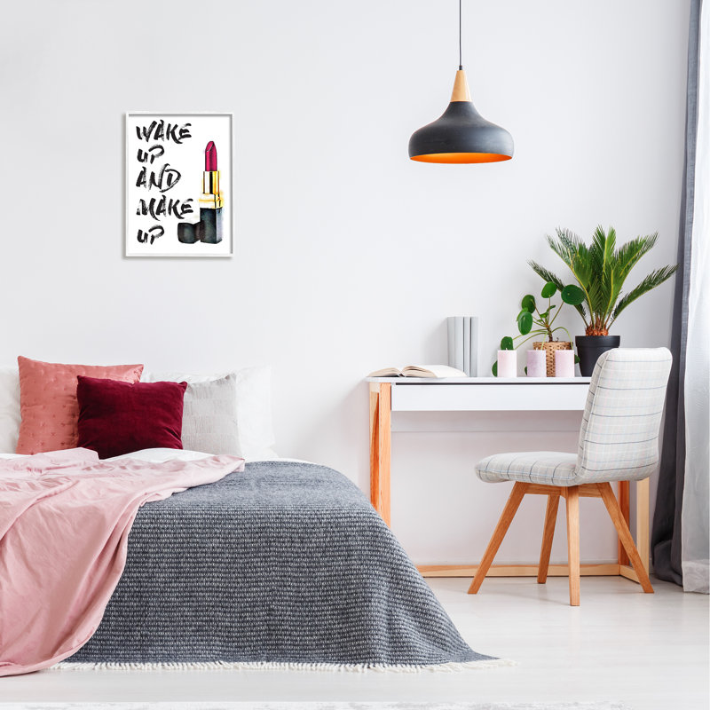 «Wake Up and Make Up», art textuel, H 20 po x l 16 po x P 1,5 po, Estampe numérique encadrée blanc bord de mer