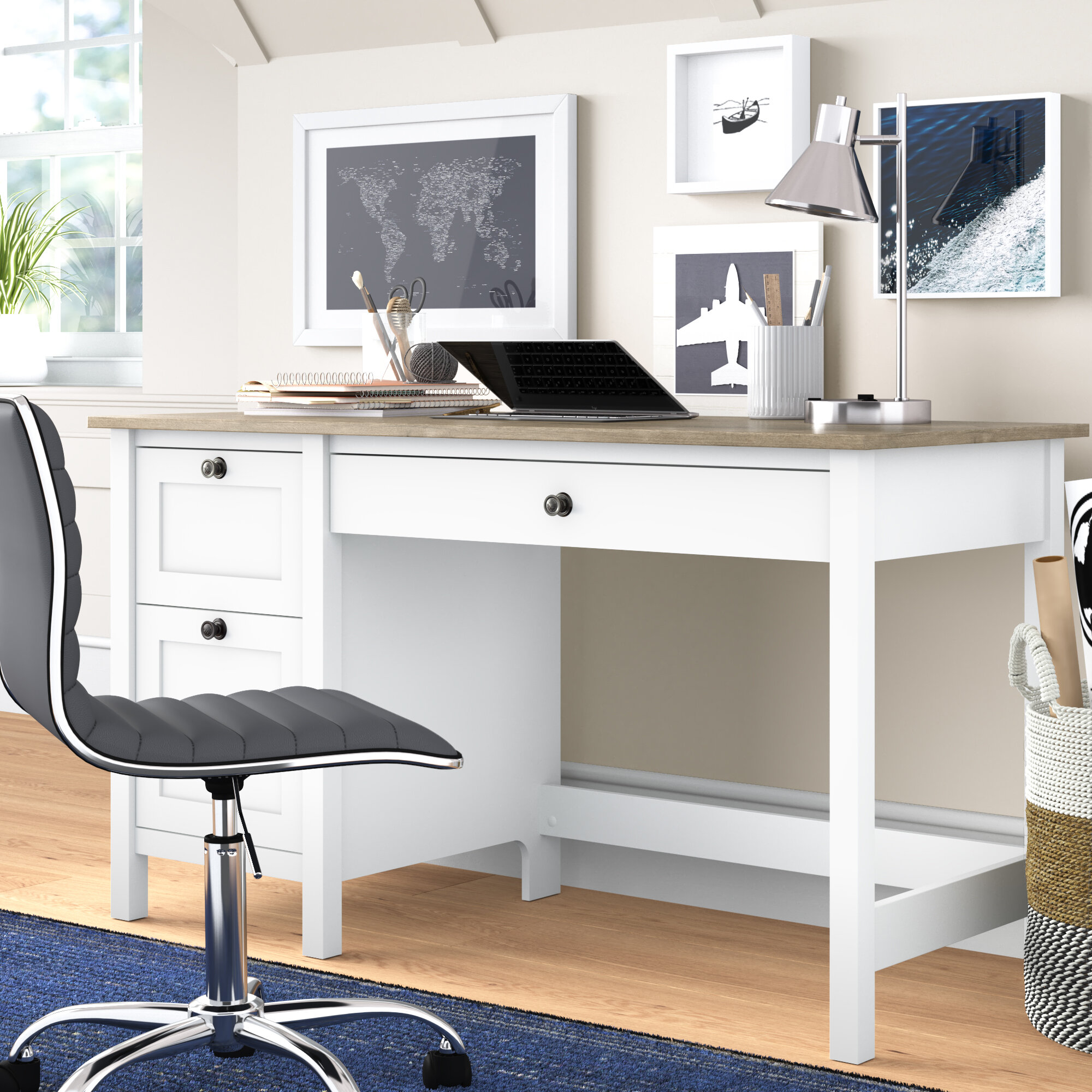 Adio 54W Computer Desk with Drawers in Pure White and Shiplap Gray Lark Manor