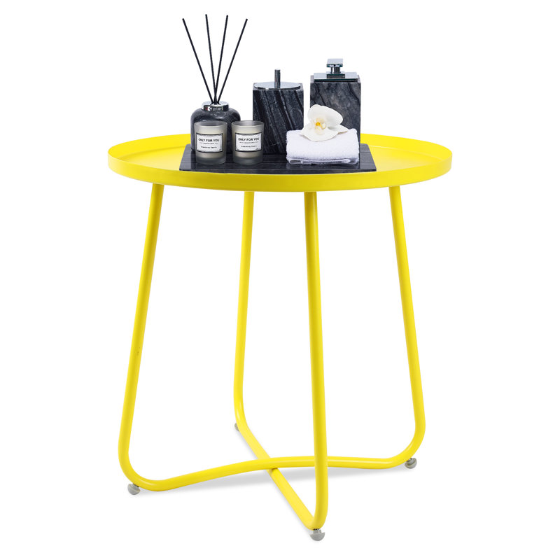 Modern Round Metal Outdoor Side Table, Small Accent Coffee Table For Living Room, Patio, And Garden (Yellow) | Gift Idea