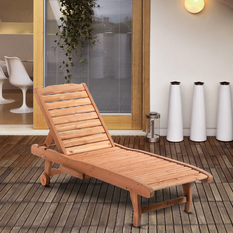 Chaise longue pour l'extérieur avec table intégrée et roulettes pour les bains de soleil, roues inclinables en bois rouge
