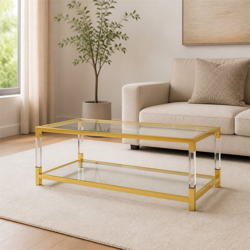 Table basse moderne de 47,2 po avec pieds en acrylique, plateau en verre trempé double couche et structure en métal doré, mobilier de salon
