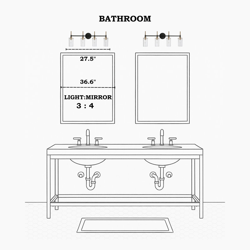  Éclairage pour meuble-lavabo moderne en verre transparent à 4 lumières à intensité variable, 4 lumières, Noir mat / Or