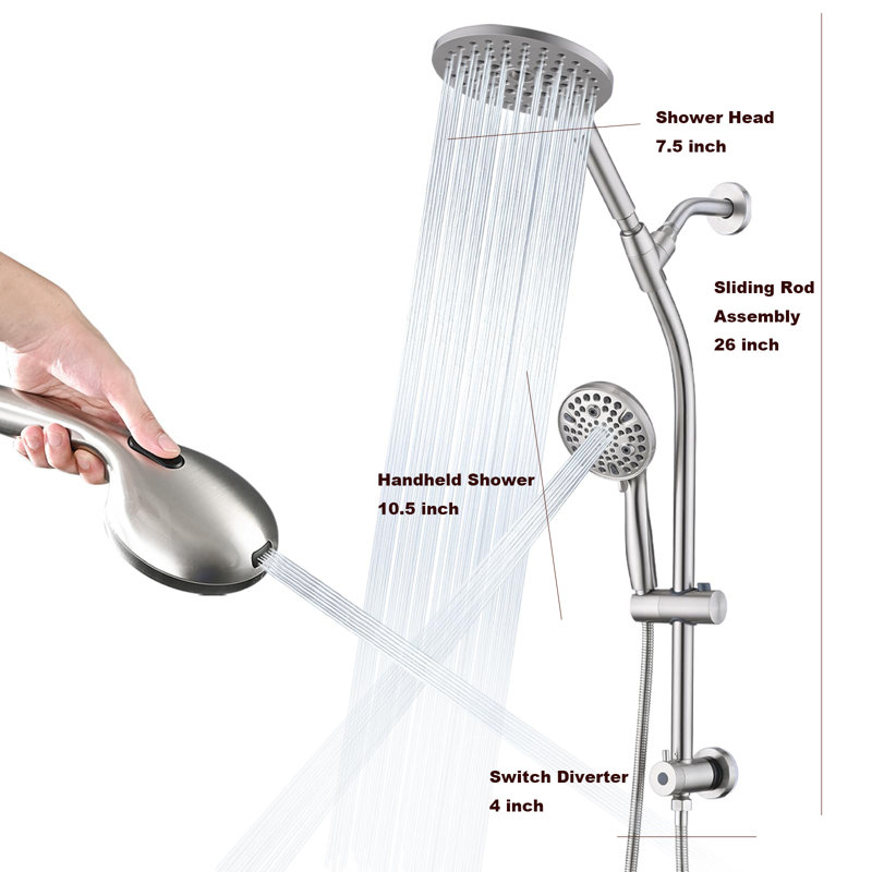 Dual Shower Head Combo With Handheld Showerhead – 26" Adjustable No-Drill Slide Bar, 3-Way Diverter, High-Pressure Rainfall Shower Set With 5 Ft Hose