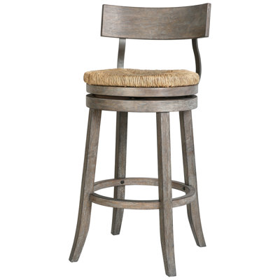 31" Reclaimed Gray Wood Bar - Height Stool With 180 Degree Return, Natural Seagrass Seat, Black Steel Supports, And Plastic Floor Glides For Kitchen Extra Seating Seat Frame, Automatic Supports Wine