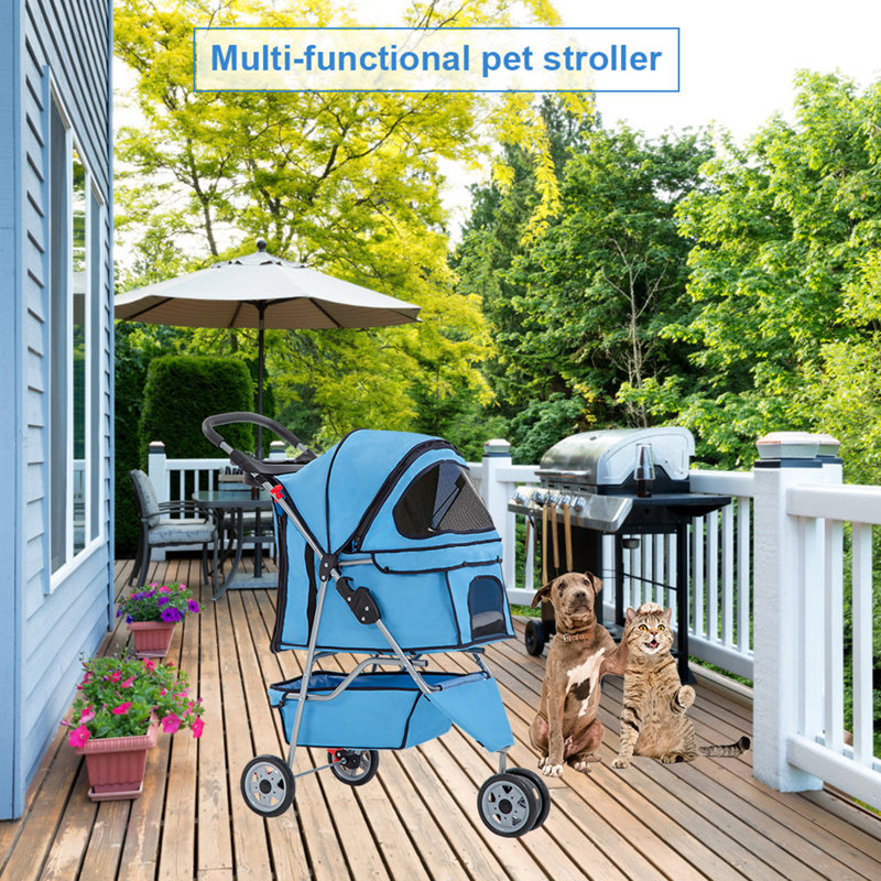 Blue 3-Wheel Folding Pet Stroller for Dogs