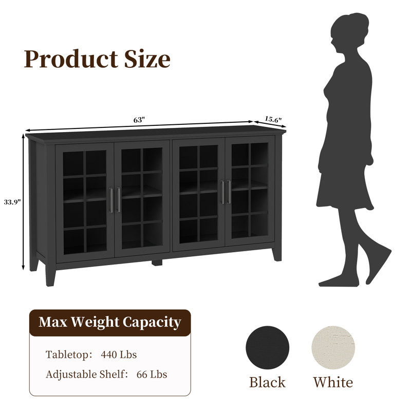 63'' Sideboard Buffet Storage Cabinet With 4 Glass Doors, Black