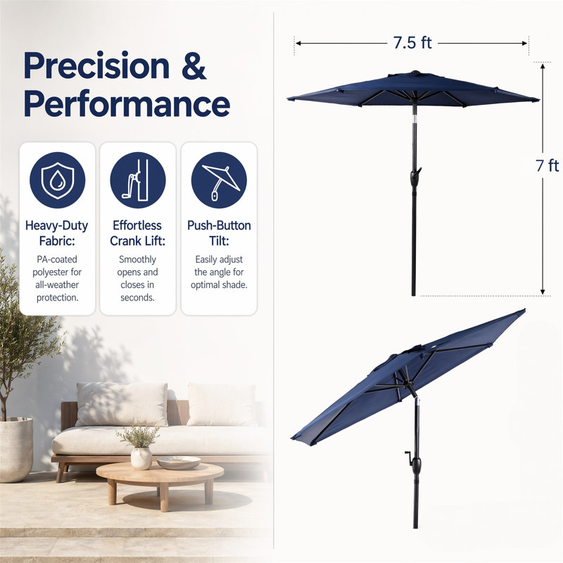 Parasol de patio 7,5 pi avec manivelle et inclinaison, bleu, 6 côtes, polyester imperméable, sans la base du parasol, Blue