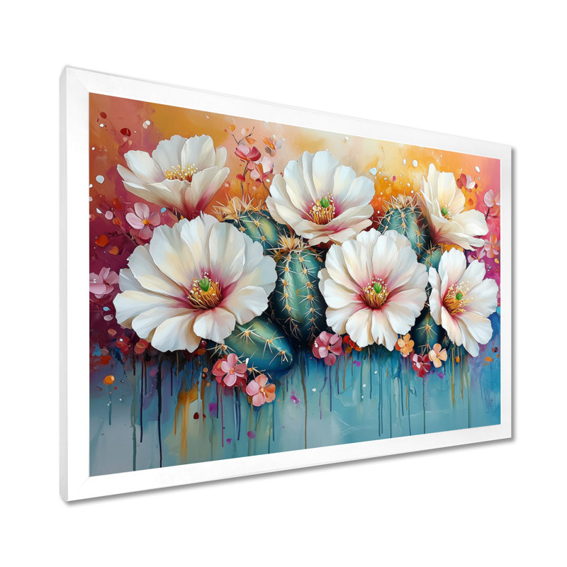 Cactus rose et blanc - Cactus, art mural, H 34 po x l 44 po, Cadre simple, Blanc