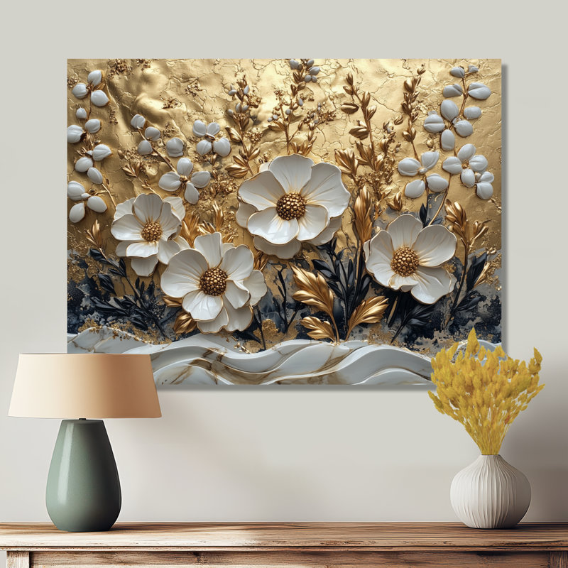 Fleurs blanches et dorées, fleurs sauvages IV - art mural en métal fleurs sauvages, 30" H x 40" W