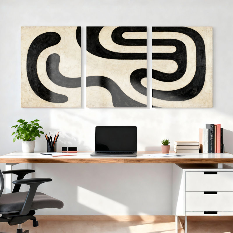 Ensemble de 3 tableaux abstraits en noir et blanc aux lignes courbes, sur toile tendue, pour la décoration du salon et de la chambre.